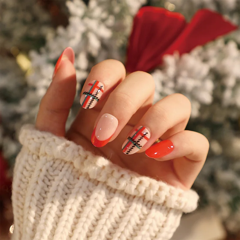 

24PCS Christmas Plaid Press-On Nails - Red & Green Buffalo Check with Gold Borders Medium Almond Shape