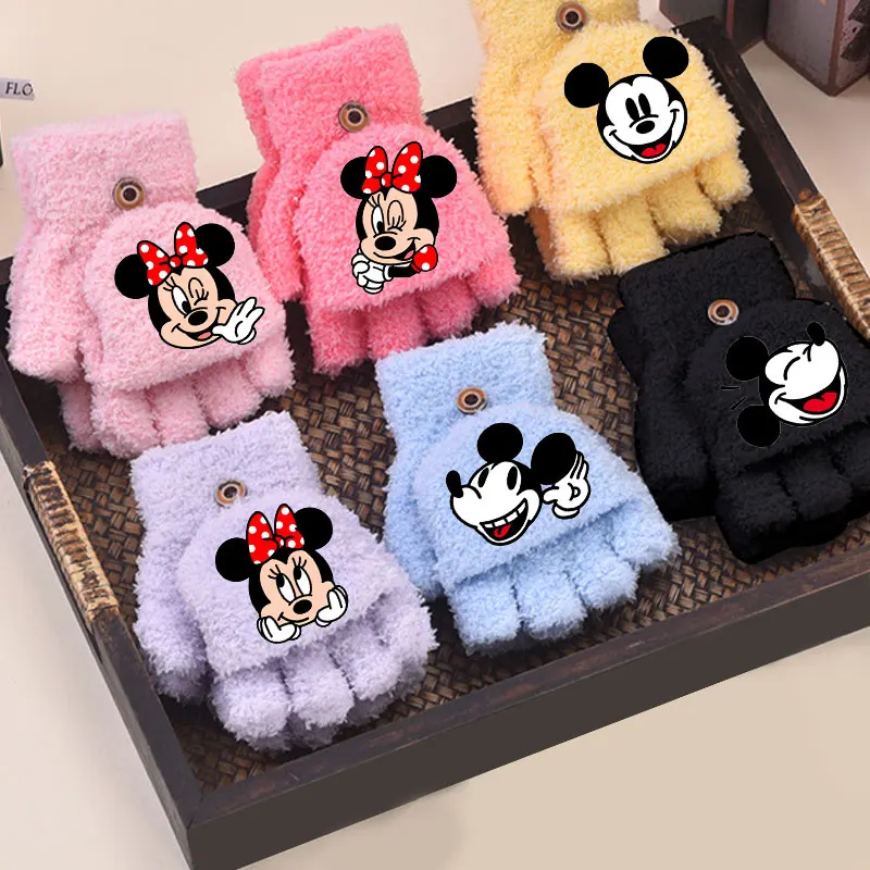 Sarung Tangan Mickey Mouse Model Lipat Kecil, Lucu, Anti Bocor, Rajutan, Sarung Tangan Setengah Jari untuk Musim Dingin, Bersepeda, Pelajar, Lembut, Motif Kartun, Hadiah