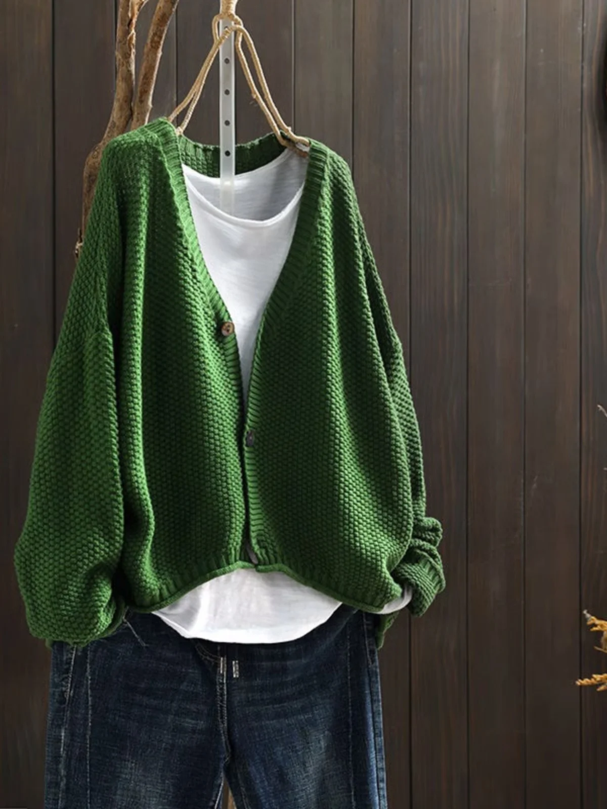 Ladies Loose V-Neck Knitted Open Cardigan Lazy Retro Style Long Sleeve Sweater Jacket Comfortable Fit Fashionable Outerwear
