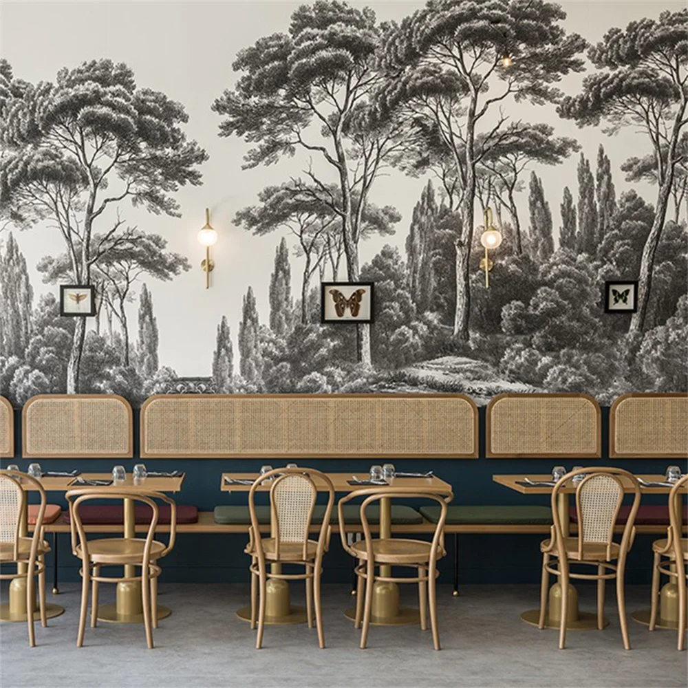 Customized mural 3D black and white tree wallpapers modern retro nostalgic forest sofa background wall decoration painting mural