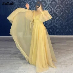 Bafftafe A Line Yellow Organza Prom Dresses Puff Long Sleeves Evening Gowns Women Floor Length Formal Wedding Gowns Customized