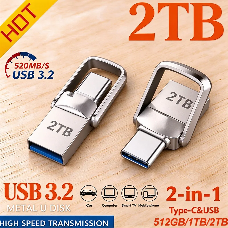 2TB High Speed USB 3.2 Type C OTG Metal Pendrive Dual Connector 1TB 512GB Portable Flash Drive Memory Stick for Android Phone PC
