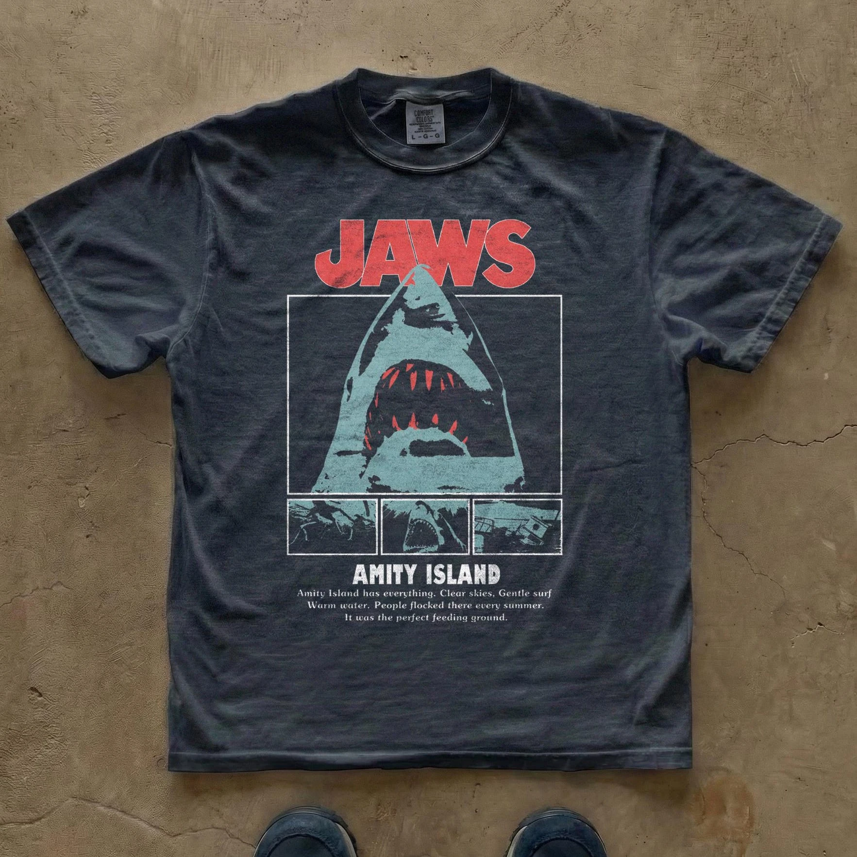 Jaws Grafik-T-Shirt | Vintage Hai-Film T-Shirt Retro Rundhals Bedrucktes T-Shirt – Detail 3