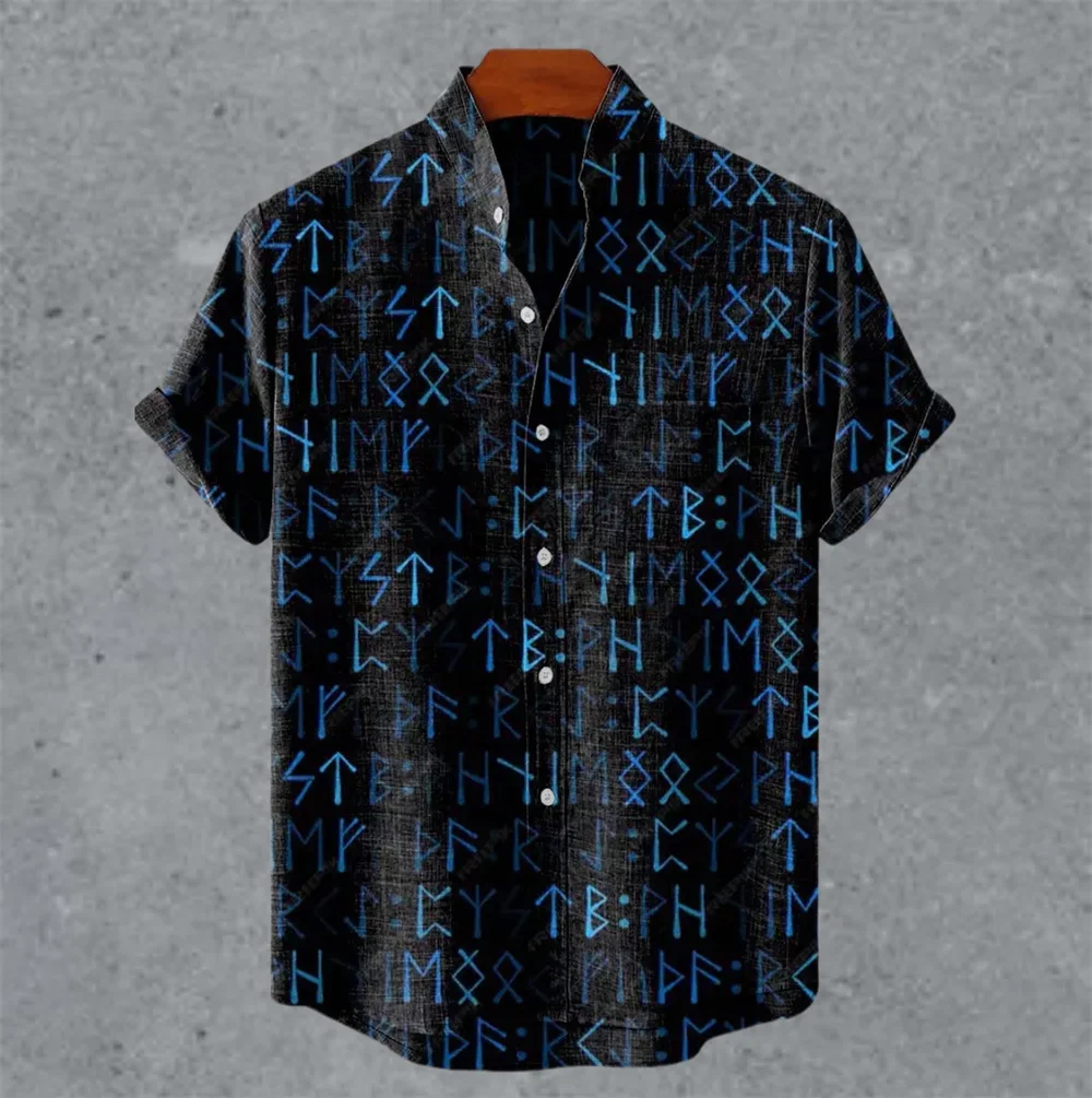 

11-color men's shirt retro art shirt tribal text print short-sleeved shirt stand collar casual comfortable top S-5XL