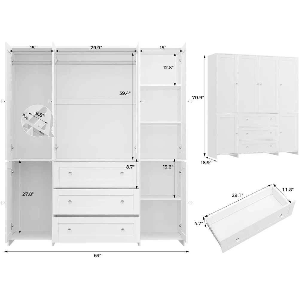 خزانة ملابس بأدراج ومرآة، 71 خزانة ملابس مع قضيب تعليق، وخزانة ملابس خشبية بـ 6 أبواب. #2