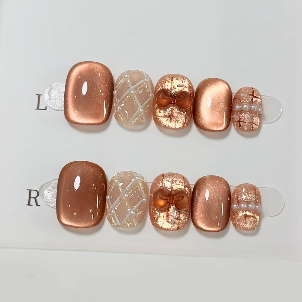 

10pcs Handmade Press on Nails Brown Diamond Pattern Bow Full Coverage Nail Tips for Women&Girls Removable Wearable False Nail