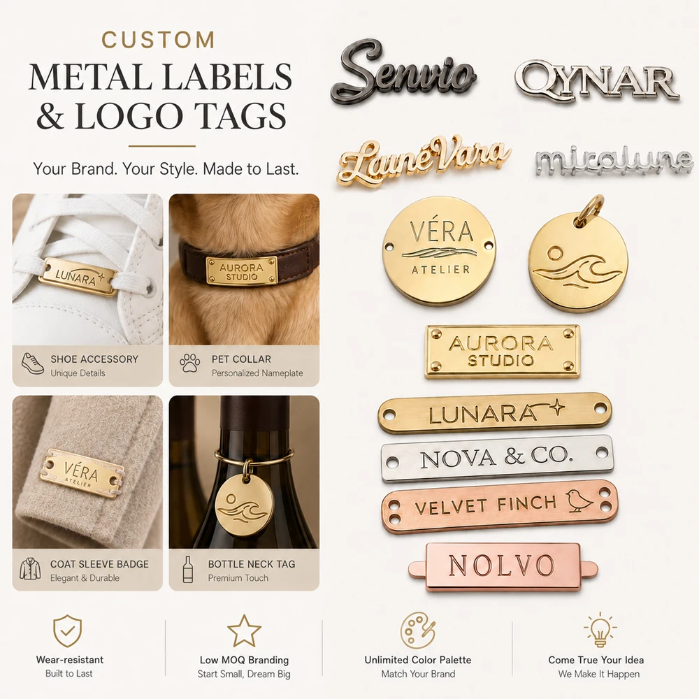 150PCS Custom Metal Stamping Tags Embossed Label For Zipper Head Bag Corner Pet Collar Labels Engraved Brand Suture Nameplates
