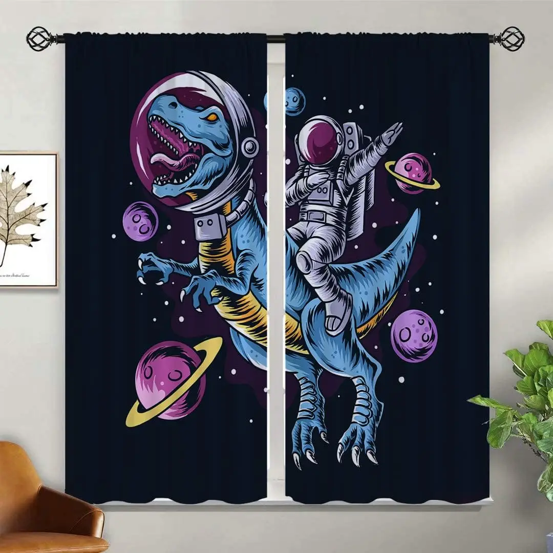 

Занавески с рисунком космонавта на планете для девочек и мальчиков, декор для дома, забавный дизайн с космонавтом на динозавре, с карманом для штор, термоизолированные.
