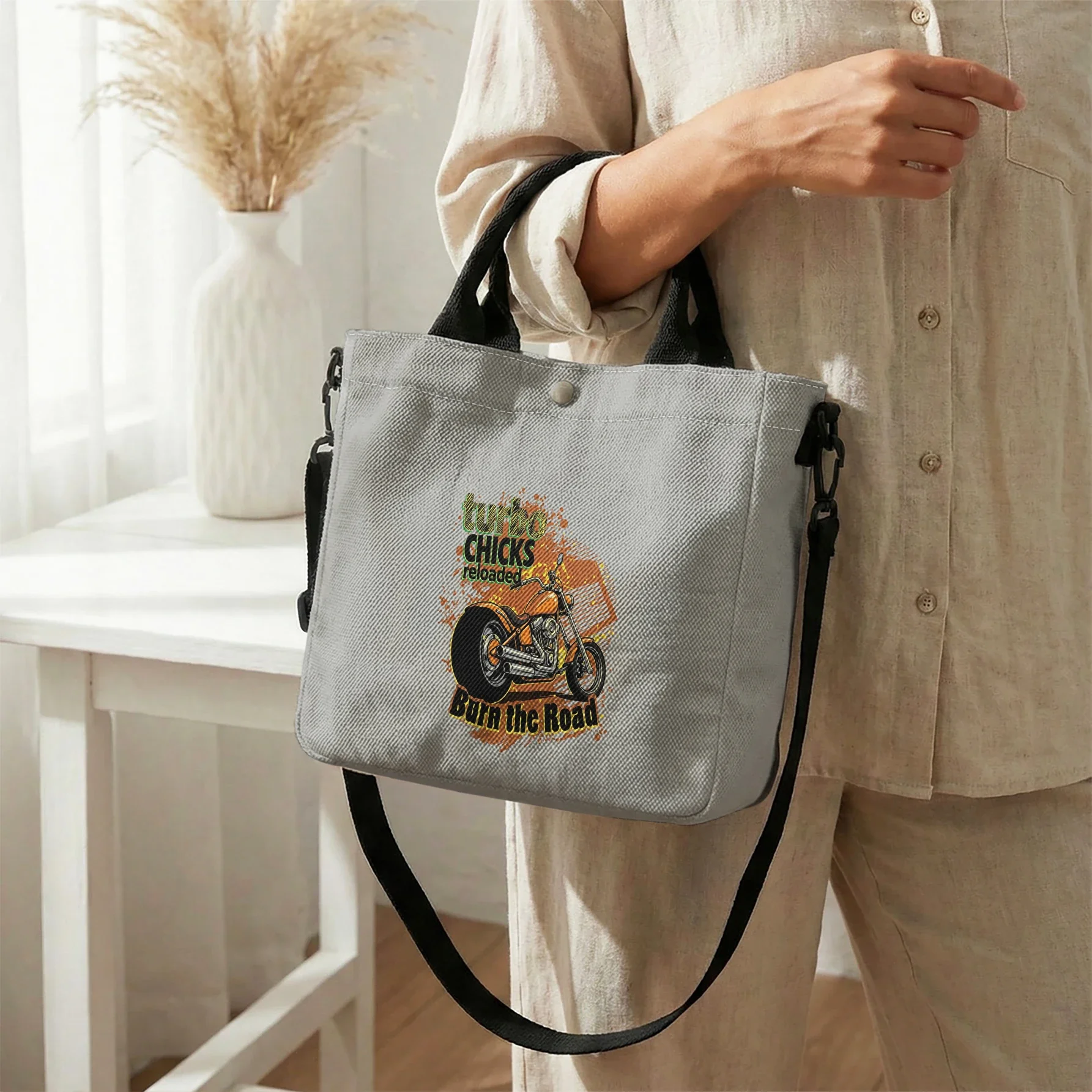 Vintage Motorcycle Print Tote Bag, Detachable Strap Crossbody Handbag For Daily Work Shopping