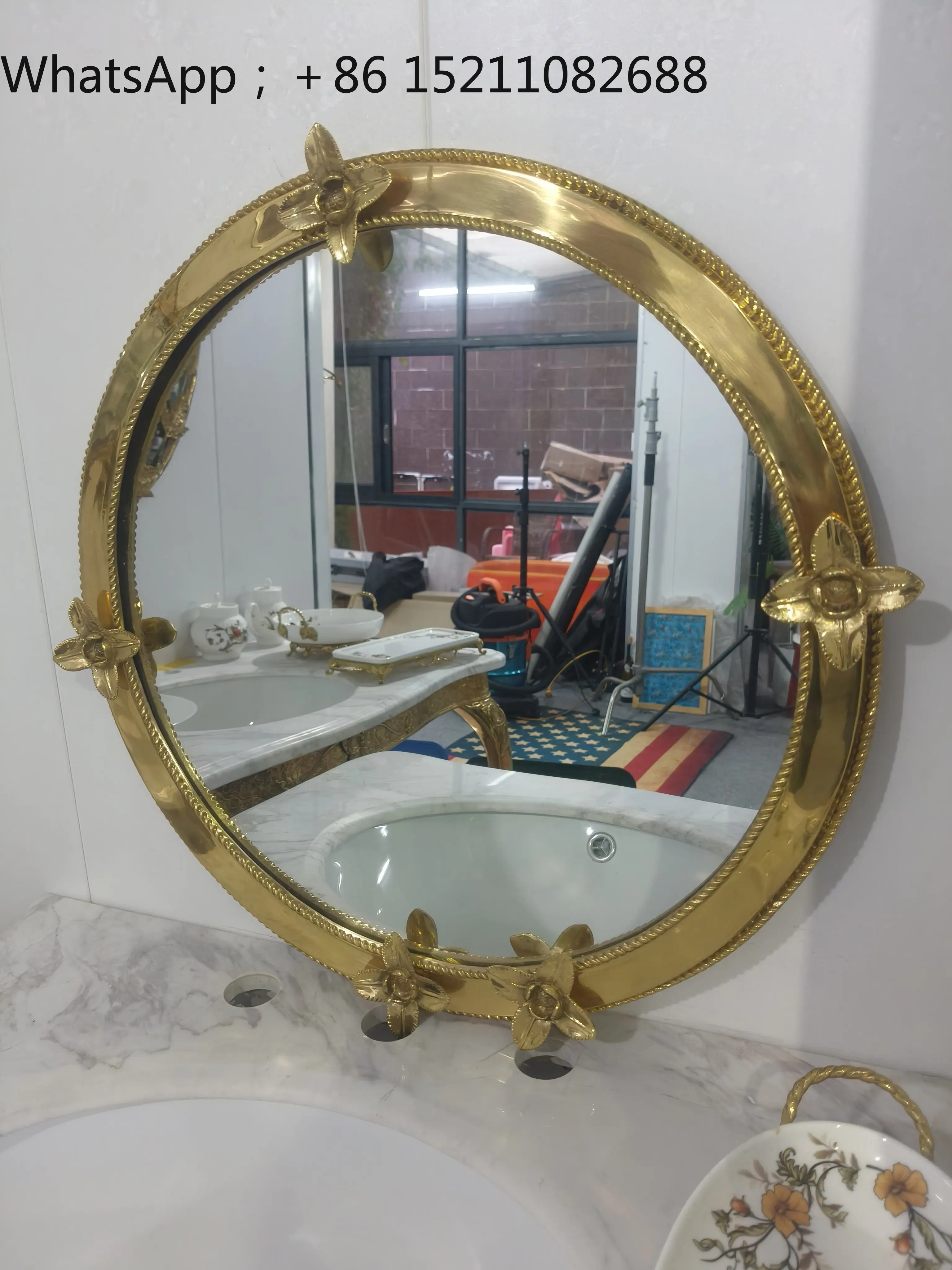 SCY Brass Round Mirror Gold Villa Bathroom Wall Mounted Makeup Mirror Bathroom Bedroom Entrance Mirror