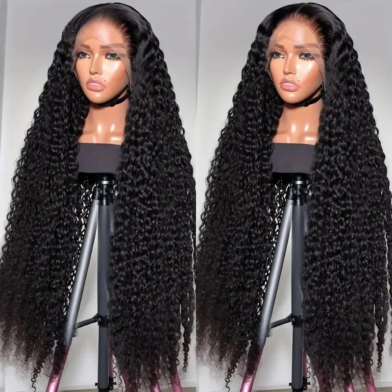 13×6 Deep Wave Human Hair Wigs Transparent Lace Frontal Wigs 1B Pre Plucked 200 Density Lace Front Human Hair Wigs