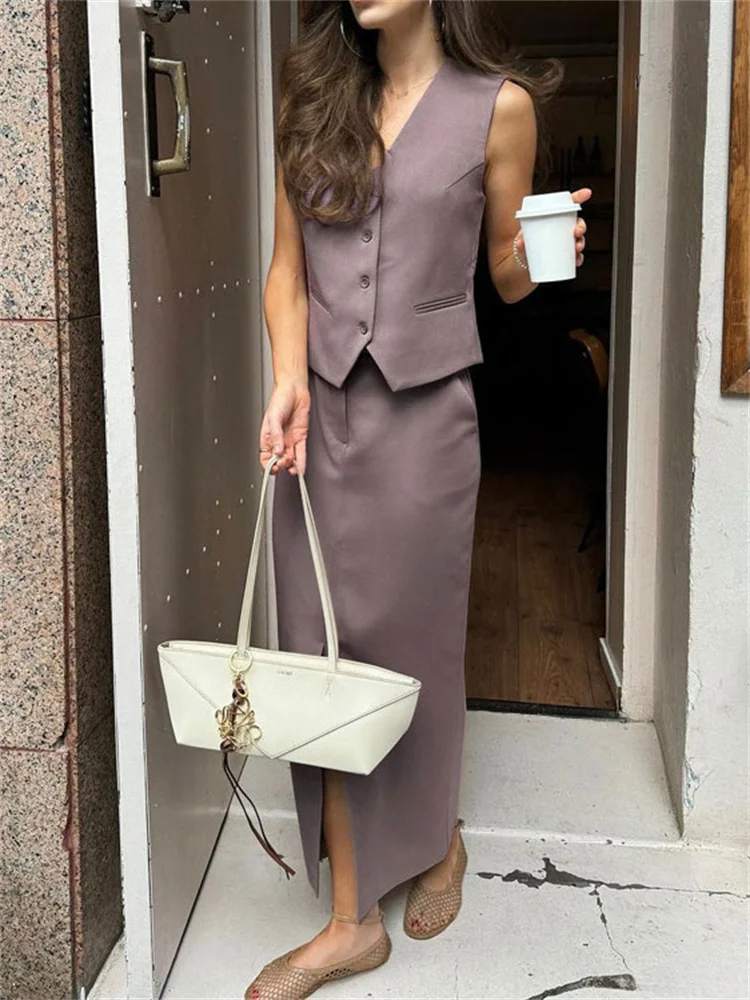 

Tossy Fashion Commute 2 Piece-Set Clothes For Women Sleeveless V-Neck Patchwork Vestidos Top And High Waist Long Skirt Outfits