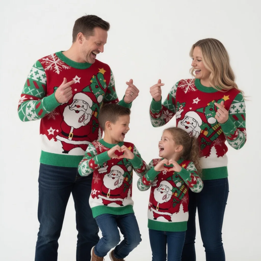 Family Matching Sweater Christmas Parent-Child Winter Cartoon Knitted Jumper Xmas Father Mother Kids Printed Autumn Pullover