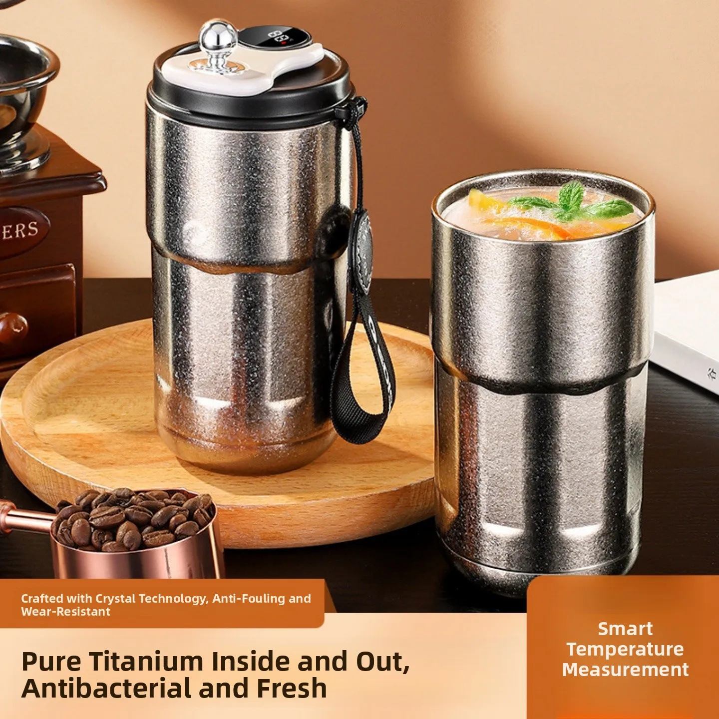 

High-End Titanium Coffee Cup Double Layer Vacuum Insulated Smart Temperature Measurement Car Mounted Pure Titanium Cup