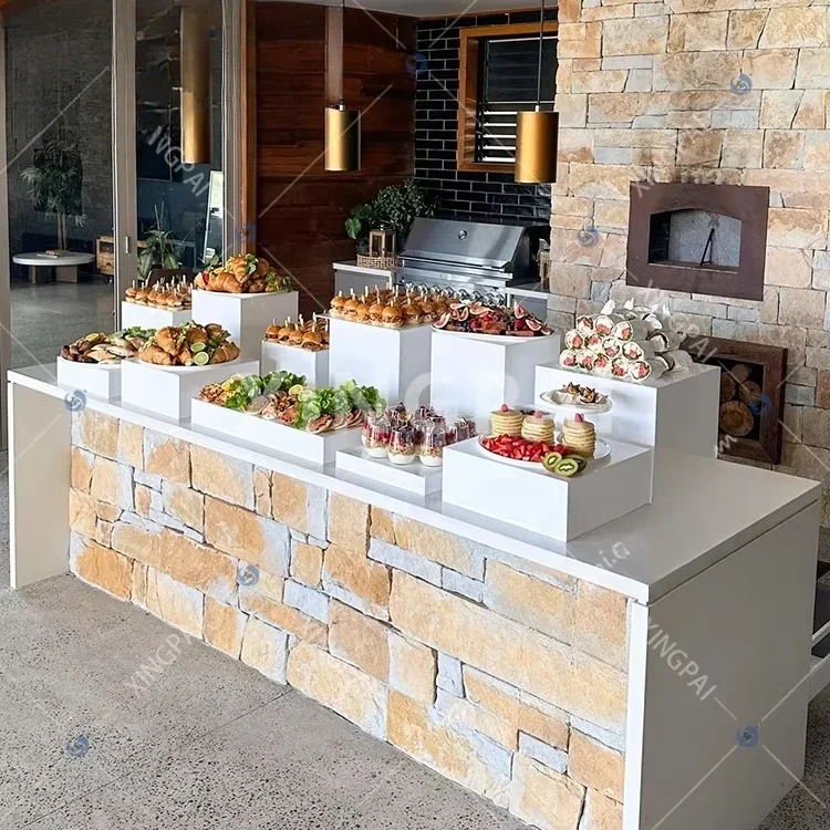 apricot pie restaurant serving white acrylic food display stand nested cube wedding party acrylic buffet riser