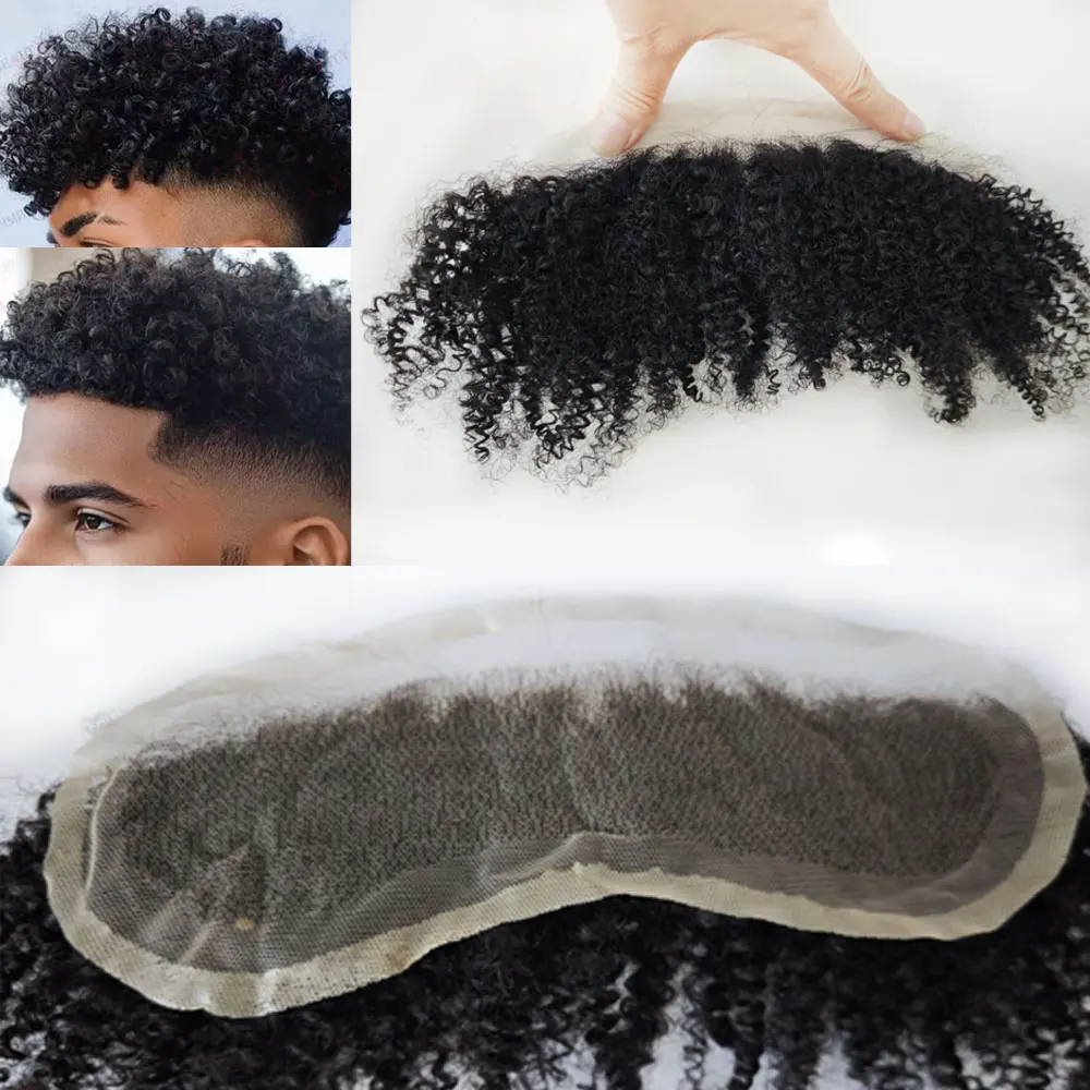 Afro Kinky Curly Breathable Lace Frontal Hairline Black Mens Toupee Human Hair Wig Bleached Knots V-Loop Topper with Women4X18CM