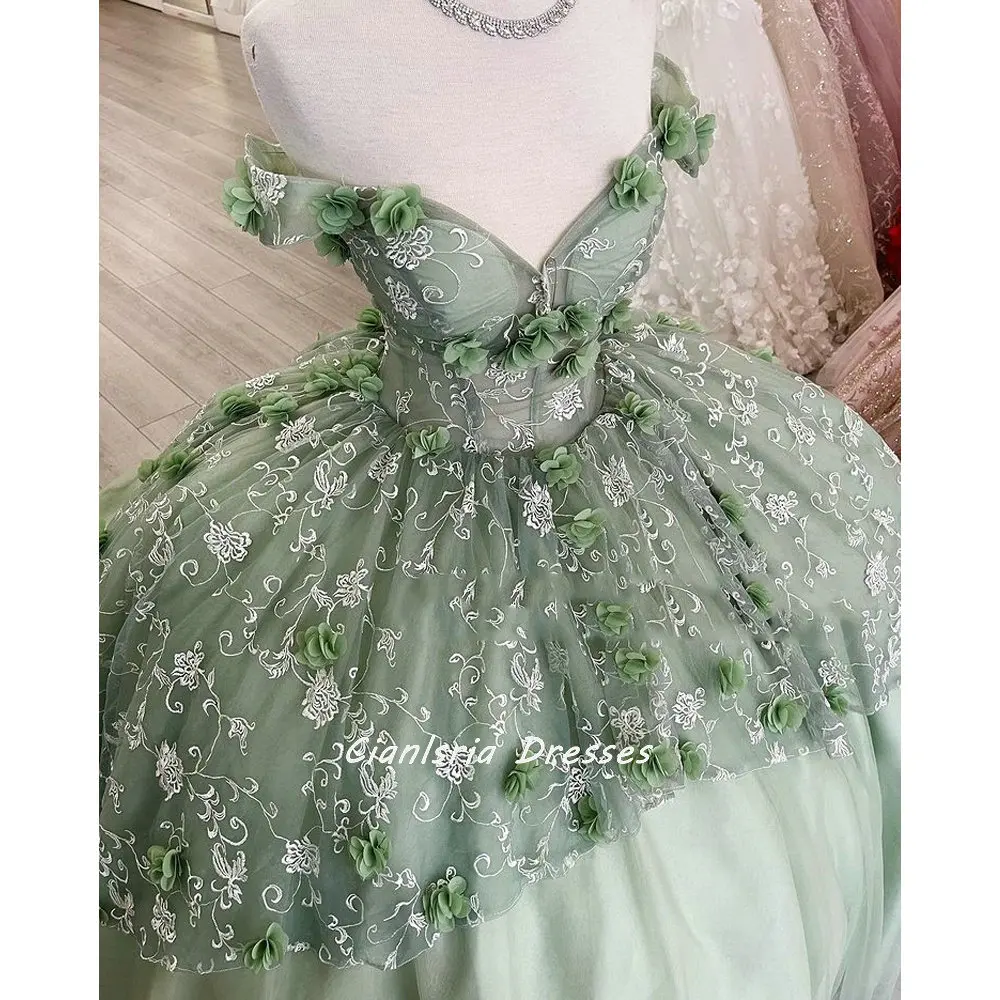 Robes de Quinceanera en dentelle florale faites à la main pour filles, robe de Rh, corset à plusieurs niveaux, Sweet 15, Off The Initiated Party, vert menthe