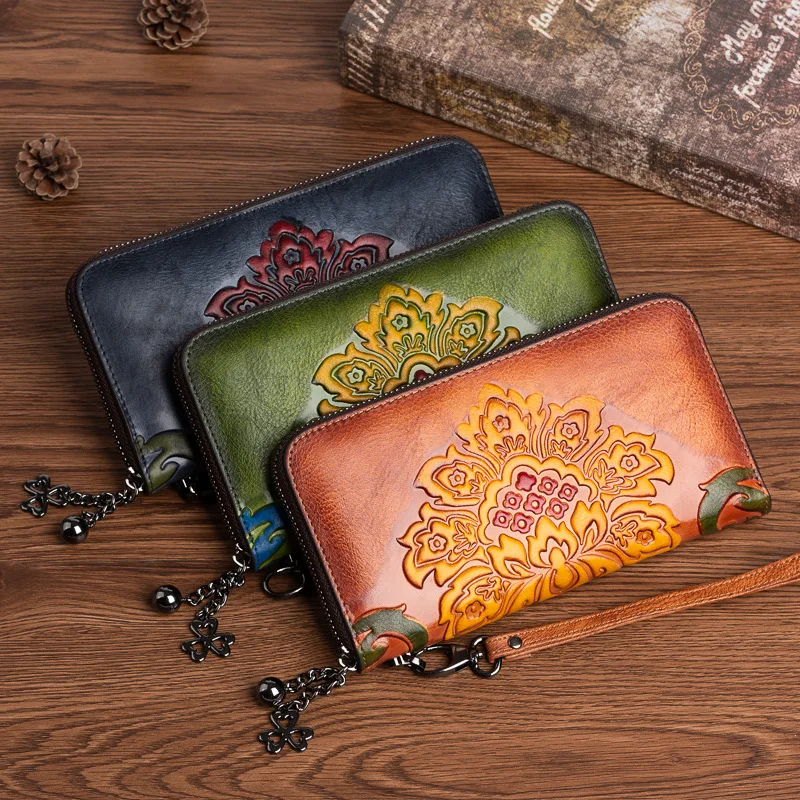 Genuine Leather Women Wallets Cowhide Phone Bags Ladies Multi-layer Zipper Coin Pouch Vintage 3 Color Woman Long Wallets