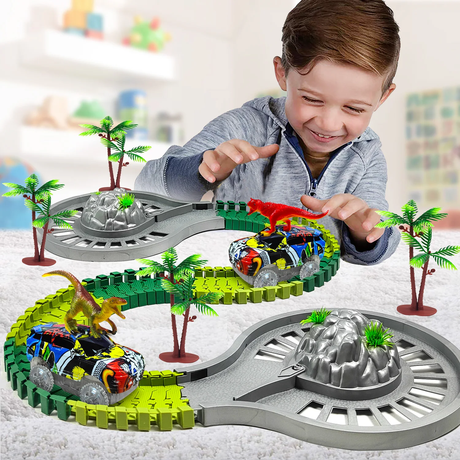 Dinosaur World Race Track Toys Car Flexible Track for Kids - Best Birthday Gifts for Age 3 4 5 6 7 Year Old Boys and Girls