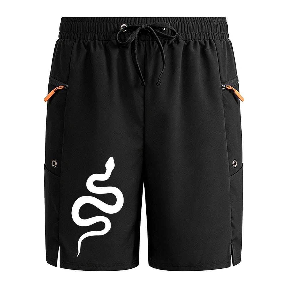 

Men's Black Casual Running Shorts "Simple Snake" Graphic Print Summer Fitness Hiking with Zipper Pockets Drawstring Waist