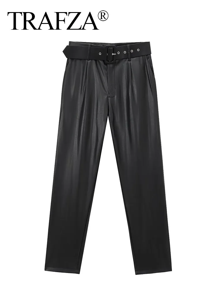 TRAFZA Women's 2025 New Fashion Simple Versatile High Waist Belted Leather Pants Female Elegant Temperament Slim Casual Trousers