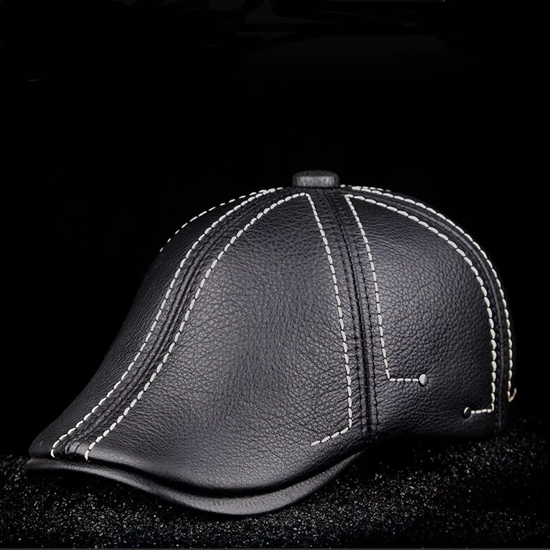 New Cowhide Genuine Leather Men Berets Cap Hat High Quality Fashion Men\'s Real Leather Adult Striped Black Hats