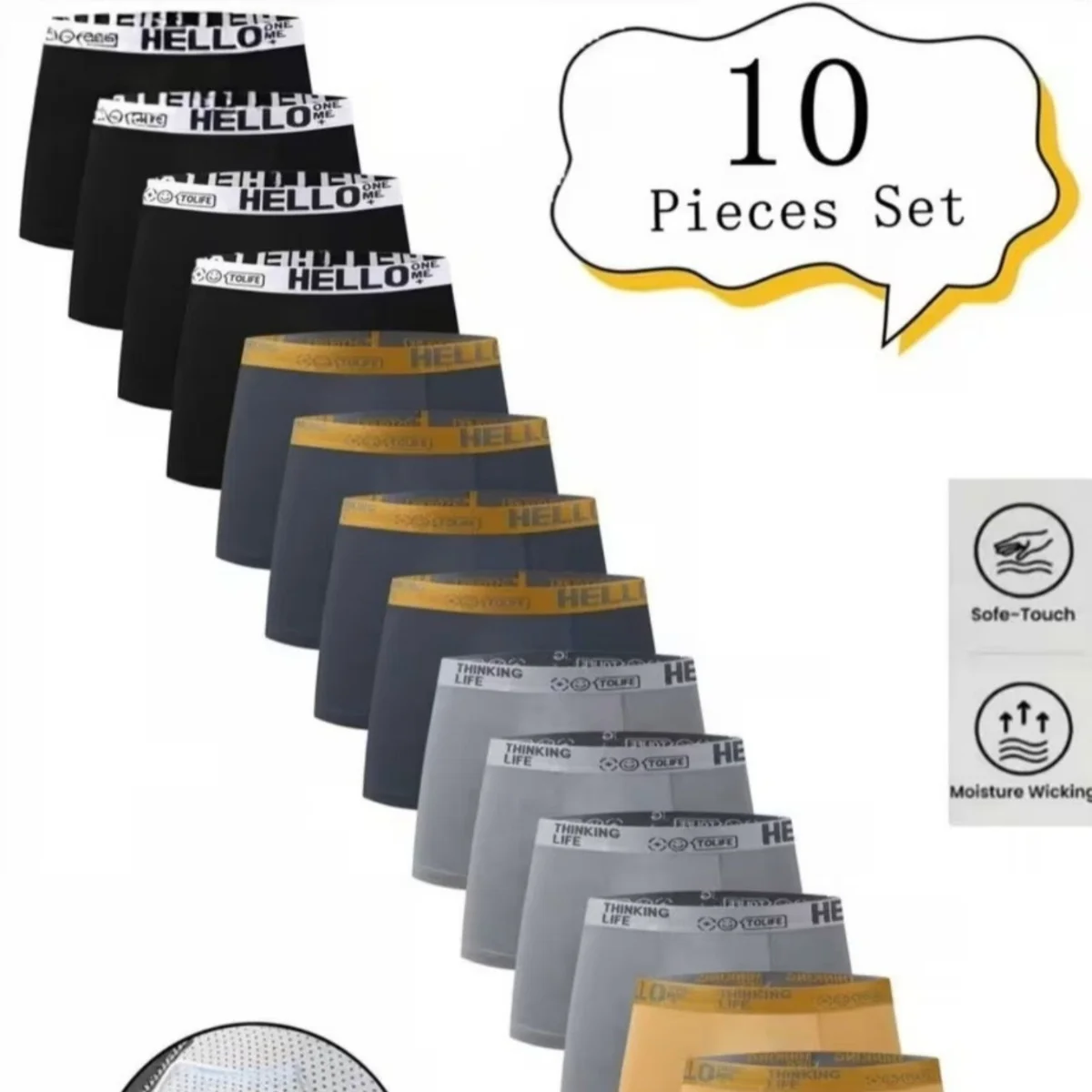 10-Pack Men's Boxer Briefs - Hello Print Breathable, Soft, and Elastic Underwear, Mid-Rise Comfortable Fit, Daily Essential, Casual and Sports Underwear, Trendy Underwear, Durable Underwear, Multi-Pack Underwear