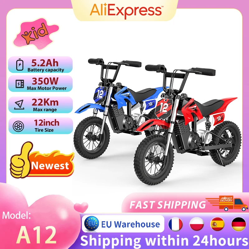 Moto électrique pour enfants A12 avec moteur 350W, autonomie de 22 km, batterie 36V5.2Ah, 3 vitesses, freins doubles, amortisseurs, lumières LED pour le plaisir en plein air