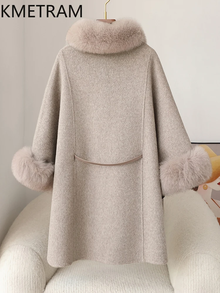 100% Natural Wool Cloak with Fox Fur Collar Winter Real Fur Coat Woman Luxury Party Shawl Coats Women Clothing 2025 шуба женская