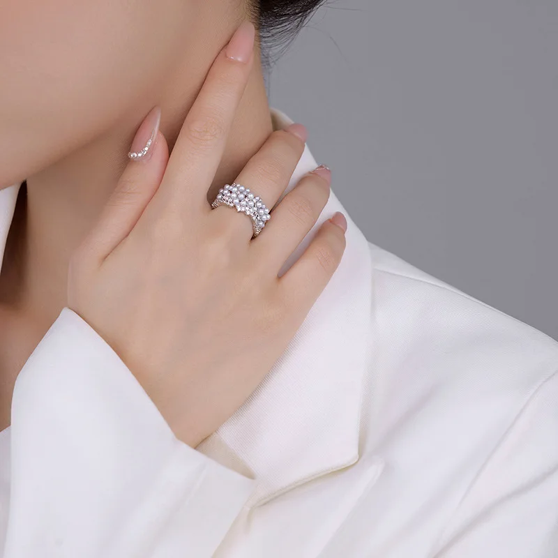 New Fashion Light Luxury Copper Imitation Pearl Irregular Adjustable Ring Women\'s Banquet Jewelry 2024