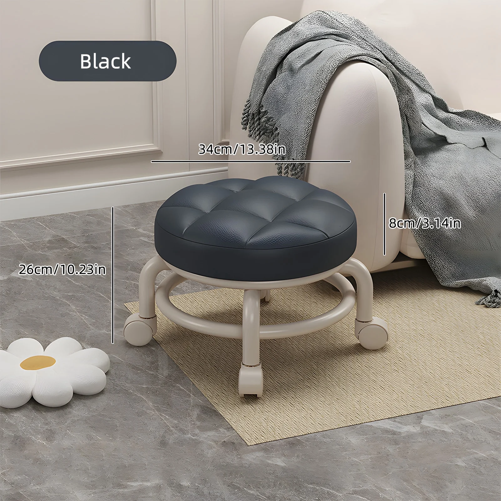 Low Roller Stools with Universal Wheel 360 Degrees Swivel PU Leather Round Rolling Stool Seats with Mute Wheels for Home Office image 2