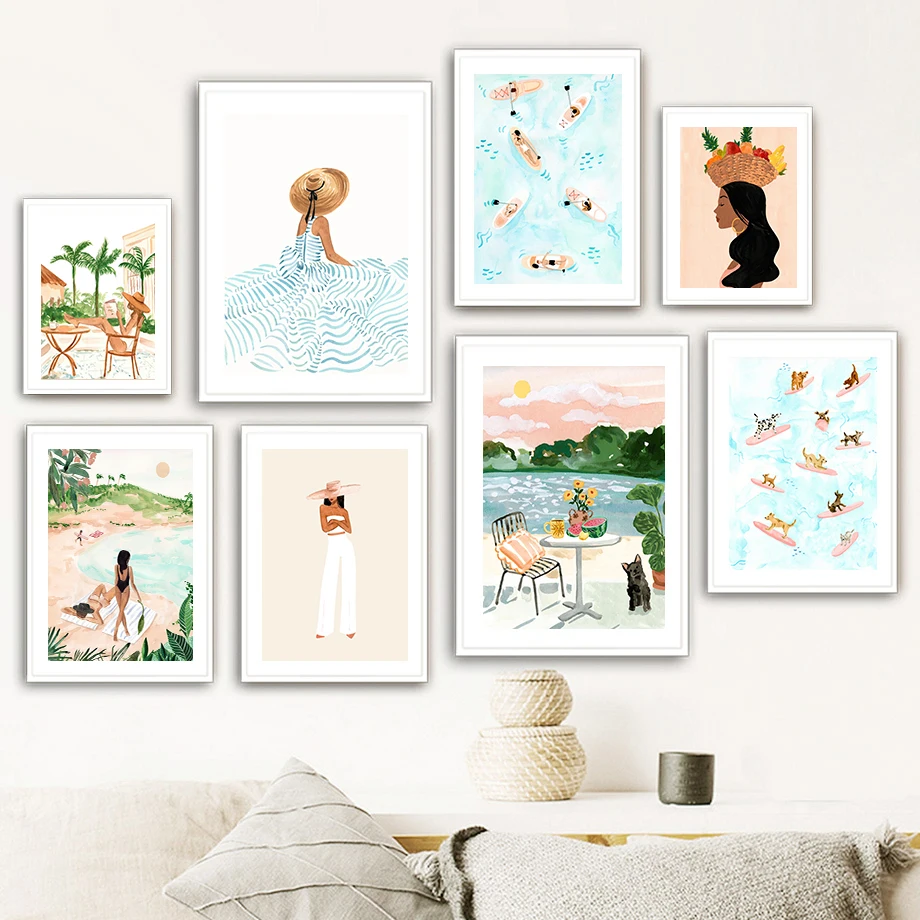 Summer Beach Leisure Holiday Fashion Wall Art Canvas Painting Nordic Poster Room Decor Tropical Watercolor Sunbathe Surfing