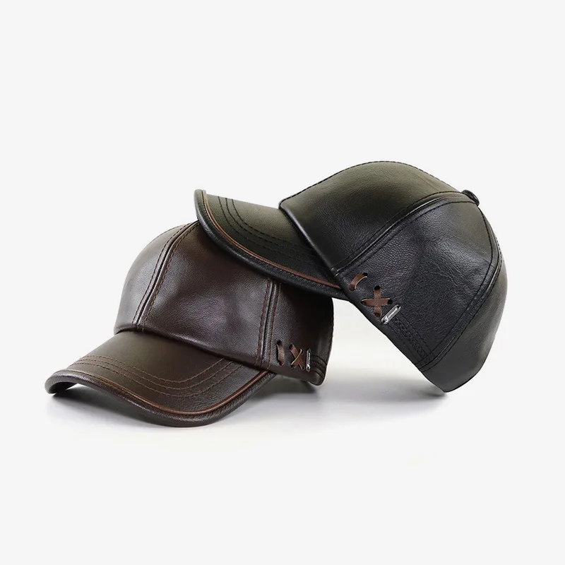 Autumn/Winter Leather-Trimmed Hats Middle-Aged and Elderly Fashionable Versatile Peaked Caps Warm Men's Outdoor Baseball Caps