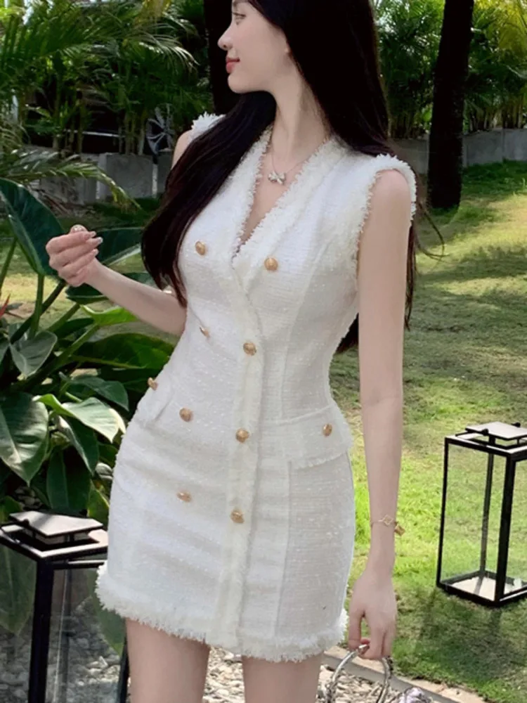 High Quality Korean Fashion Casual Small Fragrance Tweed Dresses Women French Vintage Woolen Summer Dress Elegant Party Vestidos