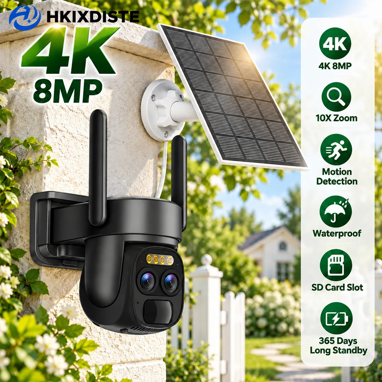 Motion Detection Security Camera with Solar Panel Dual Lens 4K 8MP 10X Zoom and SD Card Slot for Outdoor Gate Surveillance Black