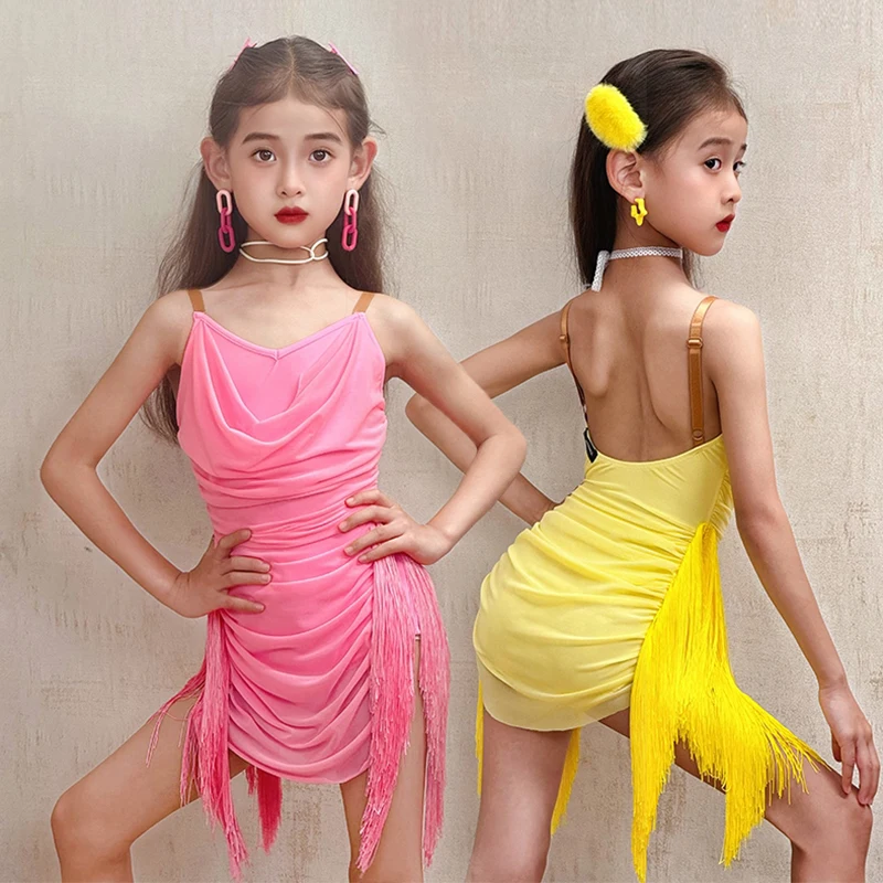 

Pink Latin Dance Dress Summer Girls Yellow Fringe Sling Dresses Kids Cha Cha Rumba Performance Costume Samba Practice Wear 3777