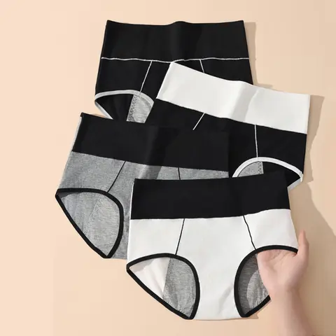 4Pcs 여성 팬티 높은 허리 누출 방지 월경 바지 기간 속옷 생리학적 코튼 플러스 사이즈 여성 팬티 확대