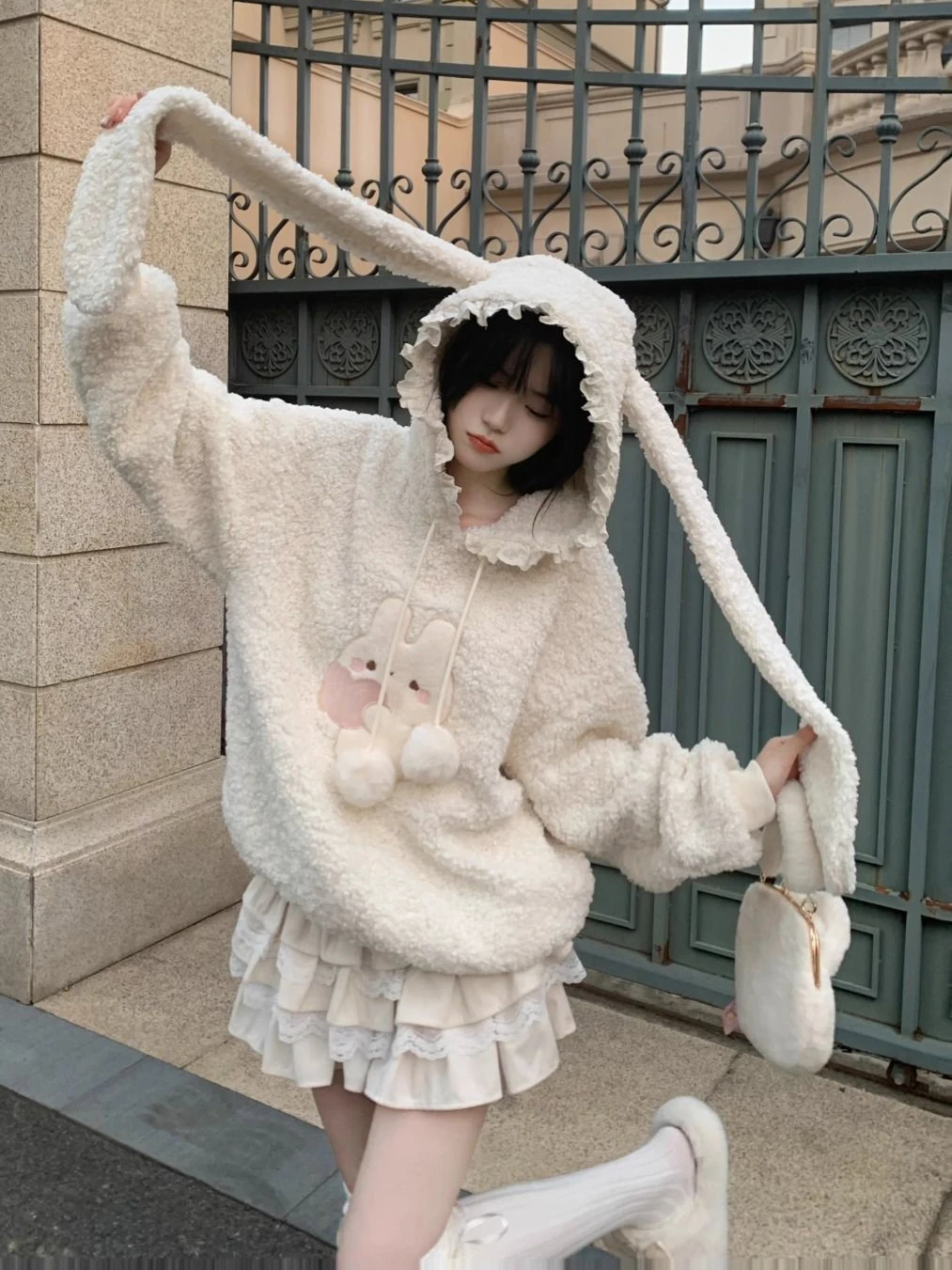 

NIGGEEY Rabbit Long Eared Cute Hooded Lamb Wool Hoodie Jacket for Women Autumn with Plush Sweet Loose Top Girl