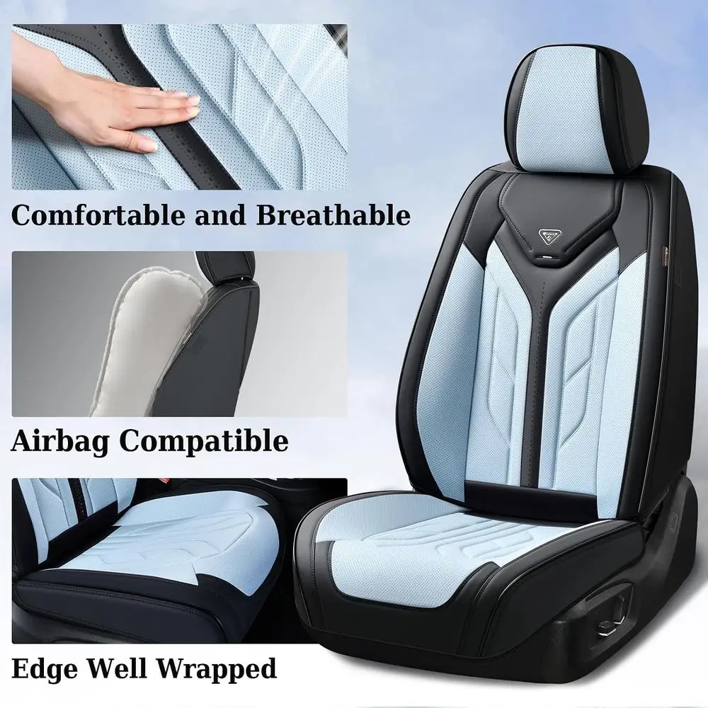 Universal Car Seat Covers Set, Waterproof Leather Seat Protectors for Sedan, SUV, and Pickup Trucks - Black & Light Blue