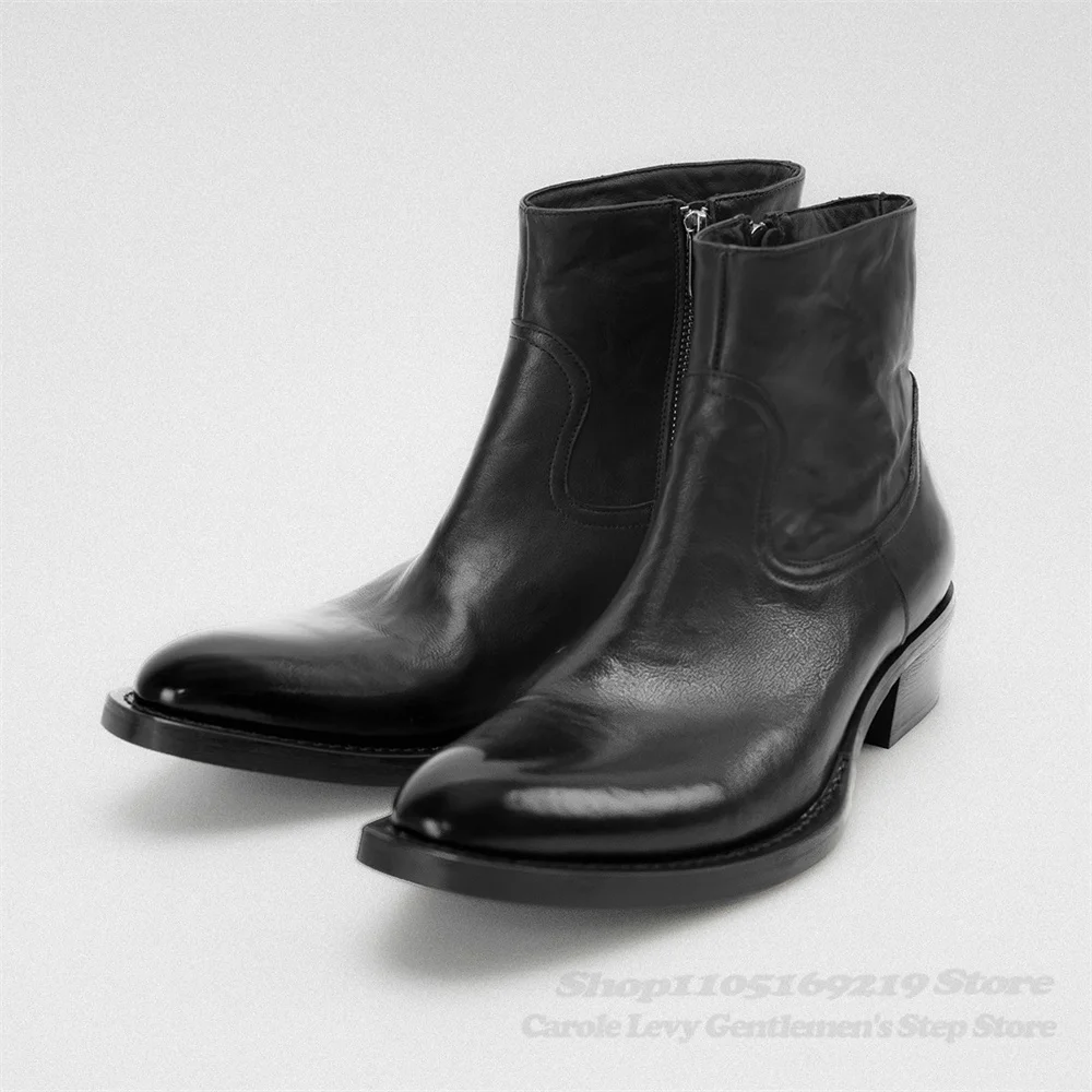 Hand Held Wrinkled Pointed Leather Shoes Cowhide Side Zipper Chelsea Boots Thick Soled High Rise Commuting Short Boots for Men