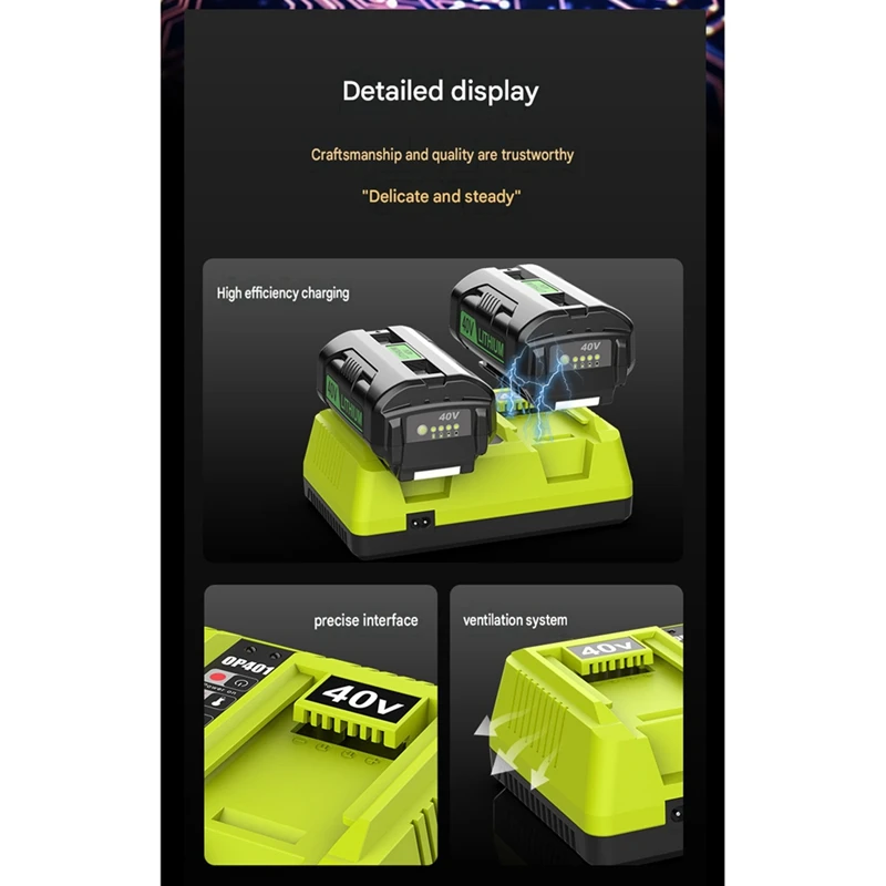 DT21 OP401 Dual Port Battery for Ryobi 40V OP4040 OP4050, EU Plug, Intelligent Safety Protection, 2A Output