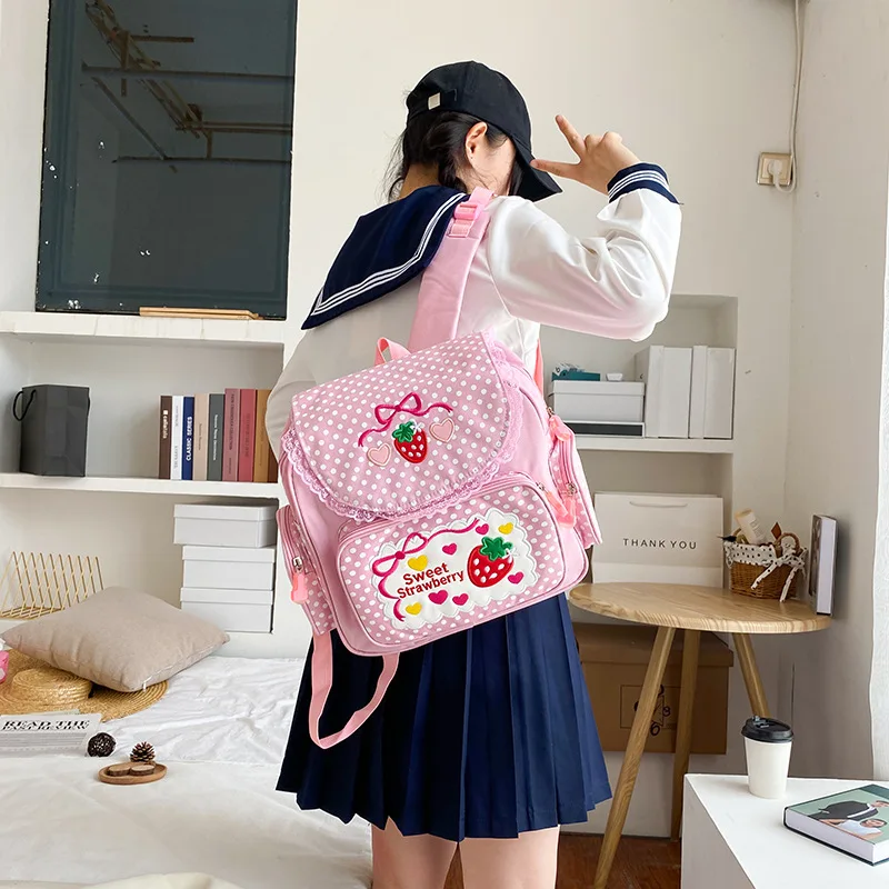 Kawaii Strawberry Bordado Mochila Estudantil, Bolsa de escola, Nylon, Bonito, Mochila universitária para adolescente, Sacos de livros, Moda