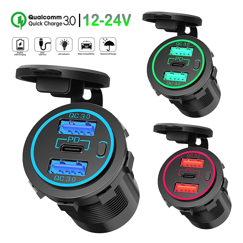 

PD3.0 Dual QC 3.0 Car USB Charger Waterproof USB C Outlet Quick Charging 3.0 Power Socket with Switch for 12/24V Car Motorcycle