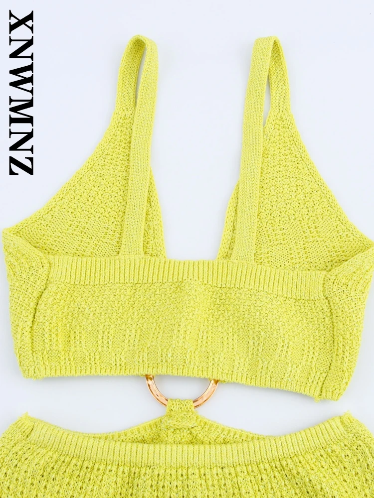 XNWMNZ 2025 verano señora Simple delgada correa de hombro sin espalda de punto vestidos midi club Chic mujer verde hombro vestido de moda
