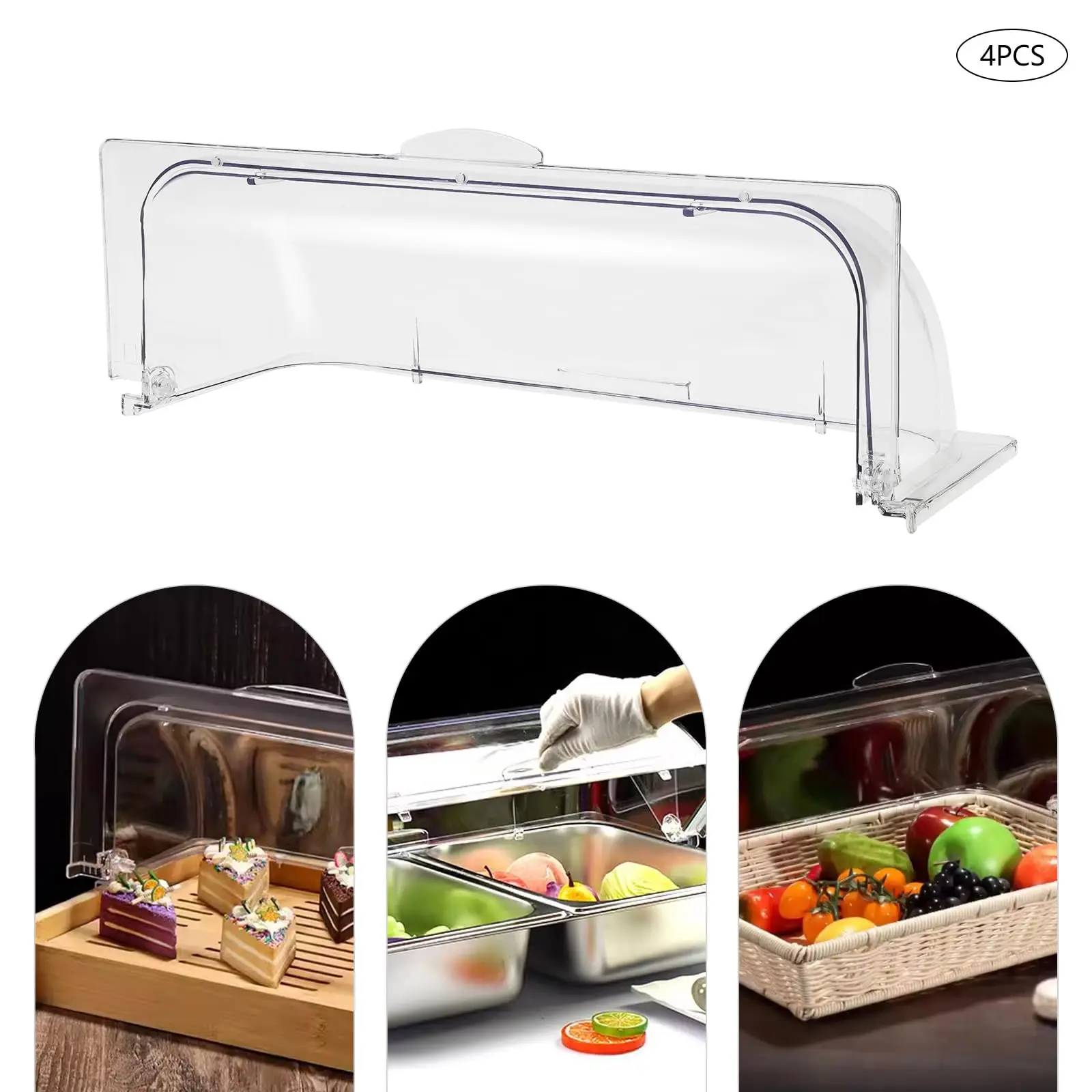 4 Rolo superior transparente para prato de atrito 1/1 de tamanho completo, capa de exibição de panela de padaria, prato de bolo, tampa de prato de servir, à prova de exibição de alimentos