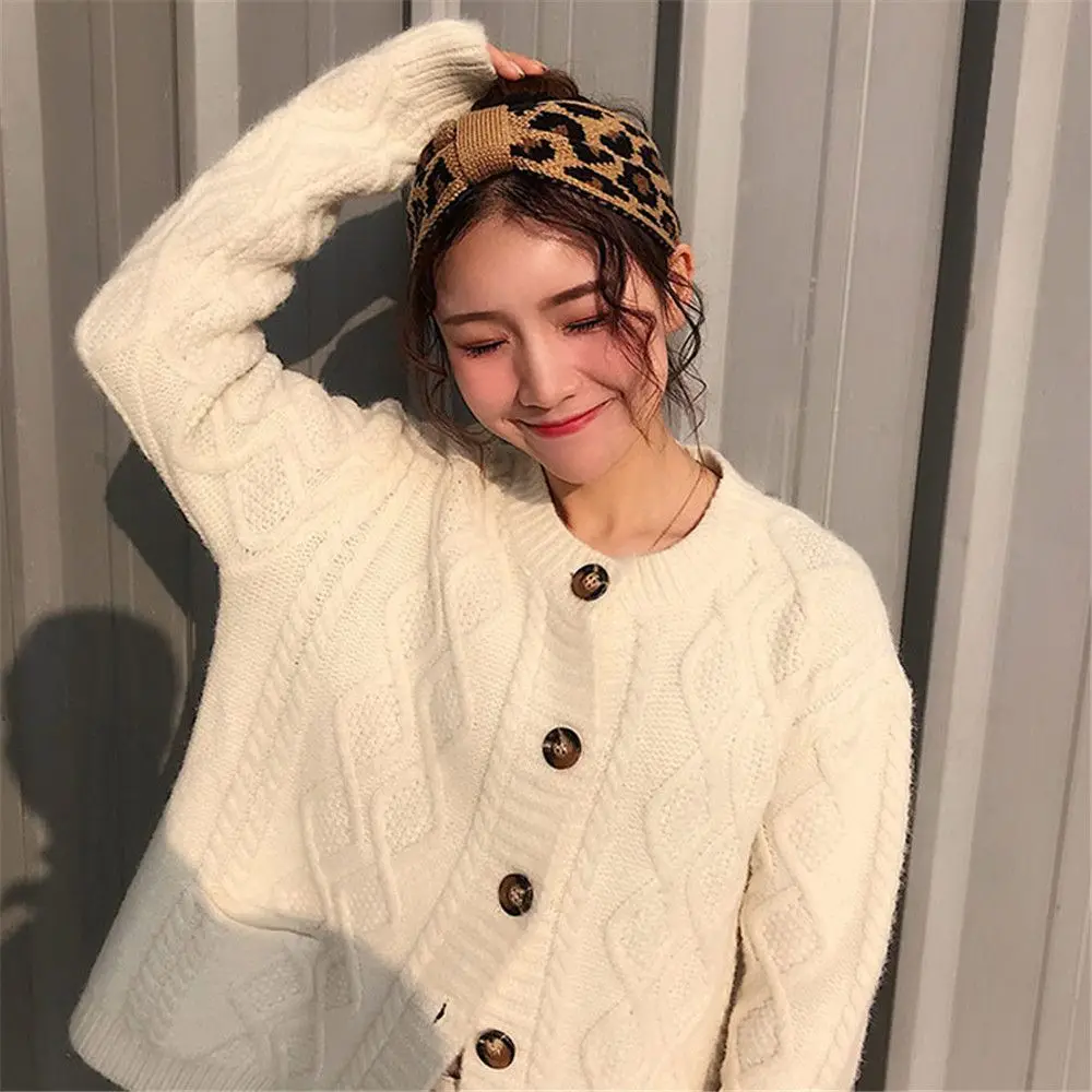 

New Hair Styling Women Leopard Headwear Knitted Headband Bowknot Turban Crochet Head wrap