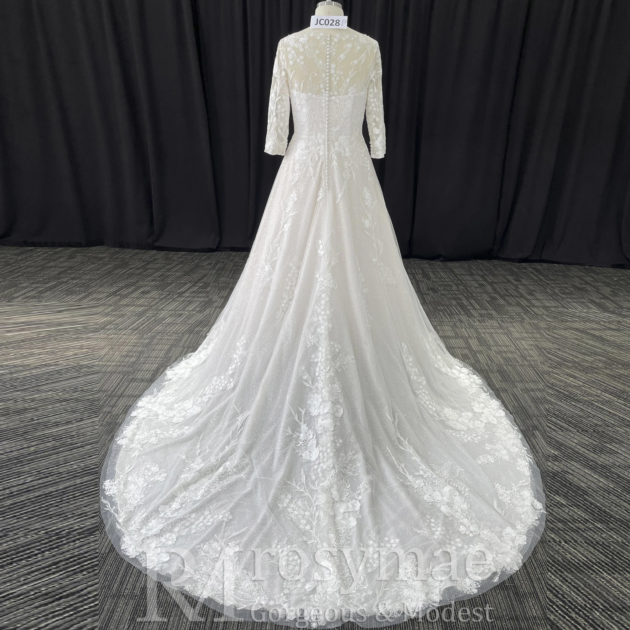 Rosymae grande taille a-ligne Tulle dentelle robe de mariée avec manches 3/4 robe élégante pour les femmes suknie ślubne