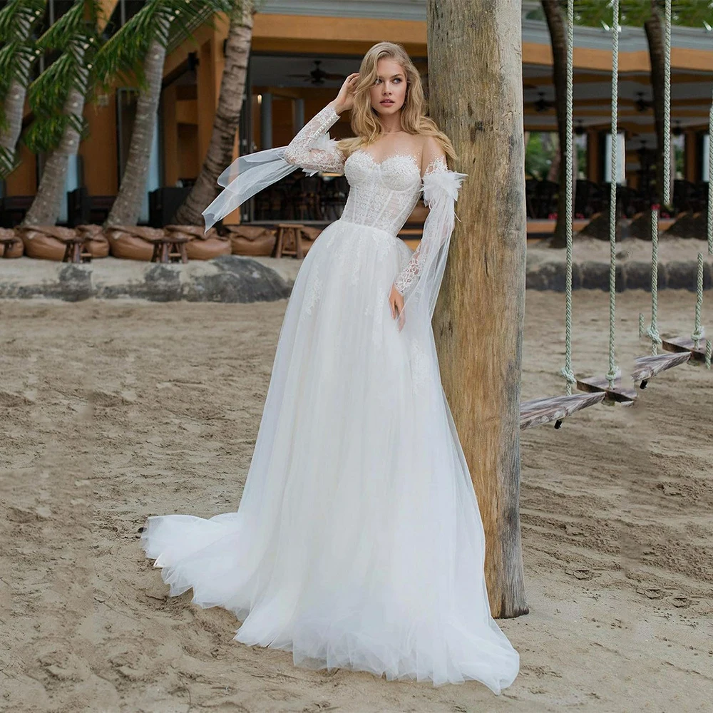 Msikoods vestidos de novia de princesa blanca para mujer, corsé de manga larga, vestido de novia de encaje sin espalda, vestidos de novia bohemios