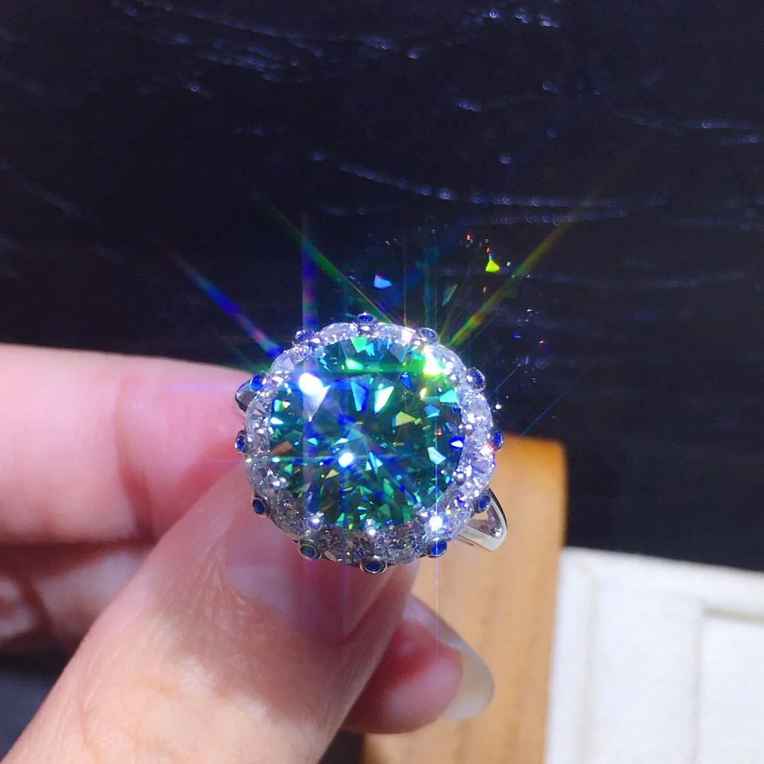 Luxury 3-carat Eight Heart Eight Arrow Plated PT950 Imitation Blue Green Moissanite Full Zirconia Open Ring For Women