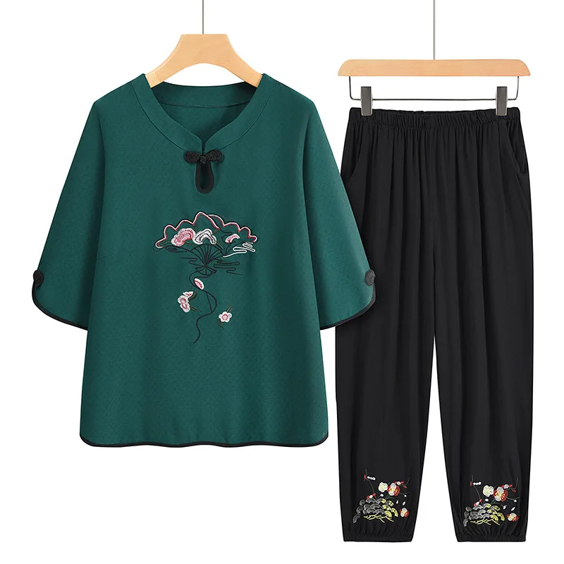 Conjunto de pijama de duas peças para mulheres, pijama com manga curta e calças bordadas, roupa de pijama chinesa, vovó, tamanho grande, verão